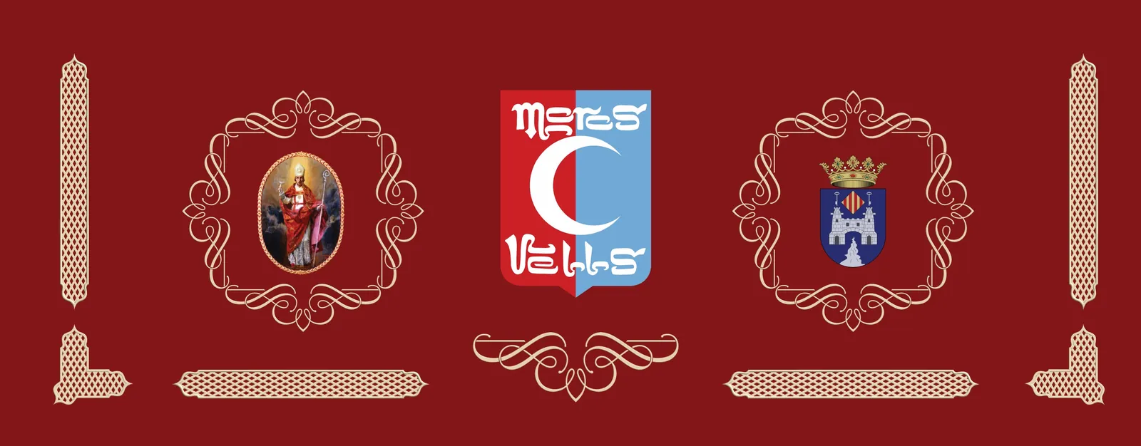 Tela sublimada en granate con imágenes religiosas y escudo de comparsa